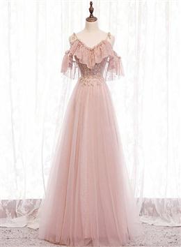 Picture of Pink Straps Lace Top Tulle Off Shoulder Party Dress, Pink A-line Formal Dress